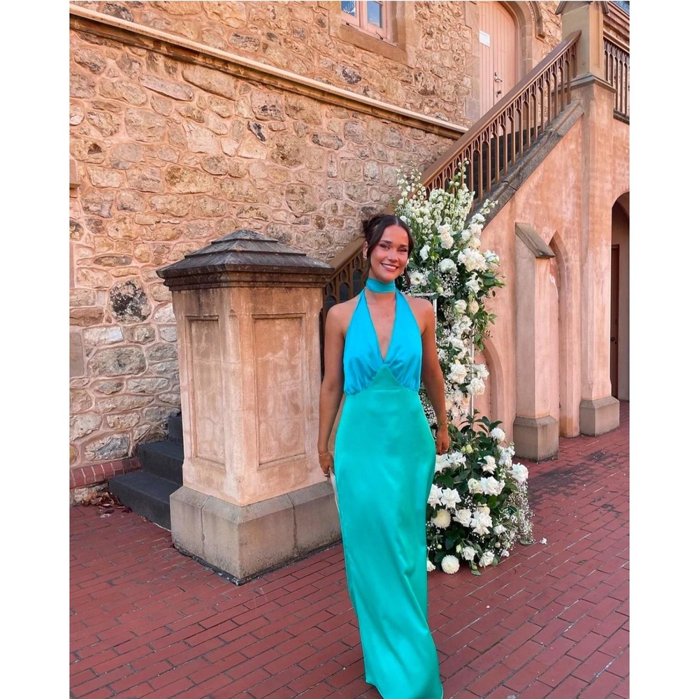 The Wolf Gang Oahu Satin Slip Dress Size Medium Halter Plunge Blue Green Maxi - Picture 3 of 11